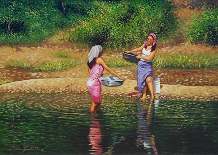 Lavanderas, by Vinicio Castillo - river, people, woman, painting vinicio castillo, wash, art