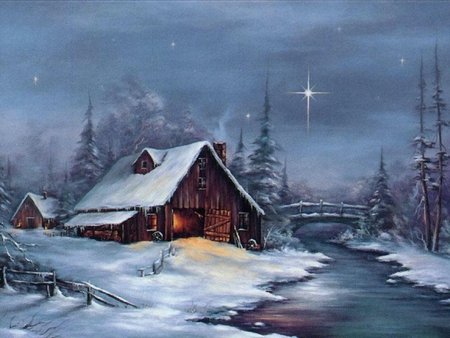 WINTER - farm, shine, fantasy, creek, paint, river, peacefulw, house, stars, light, winter, night, star, forest, snow, relifion, splendor