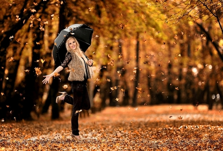 Happy in autumn - happy girl, trees, blonde, beauty, forest, leaves, ground, wonderful, fall, happiness, umbrella, nature, beautiful lady, autumn, sunny day