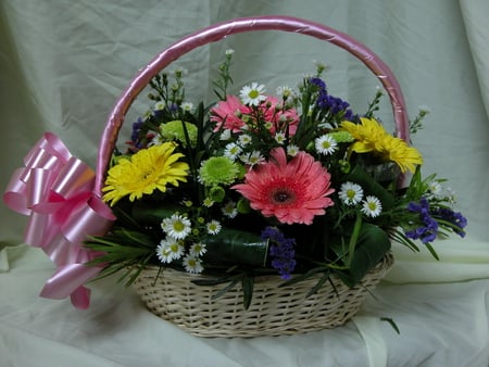 Ribbons And Flowers For Cherie - flowers, basket, bouqet, ribbon, pink