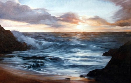 Seascape - painting, beach, ocean, sunset, sea, waves