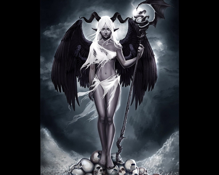 skull girl - skull, wings, girl, dark