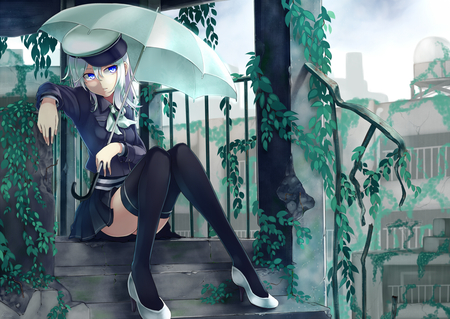 Gumi - sitting, female, hot, thighhighs, anime girl, cool, umbrella, school umiform, gumi, cute, high heels, sexy, rain, black legwear, alone, sweet, smile, green hair