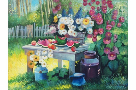 Mesa de jardín al descuido, by Vinicio Castillo - vinicio castillo, garde, painting, art, table, flower