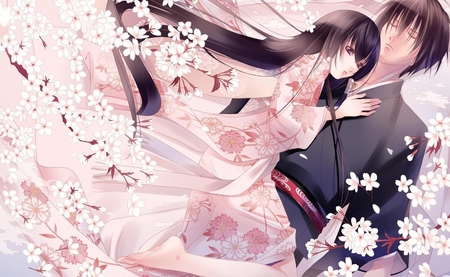 Couple in love - woman, hug, bloom, pic, image, spring, man, anime, tree, love, couple, girl, wallpaper, tender, picture, wall, boy, pink, sweet