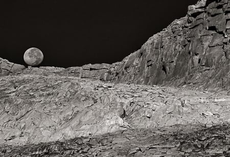 The original moon - moon, stone, black and white, night, dark, wall