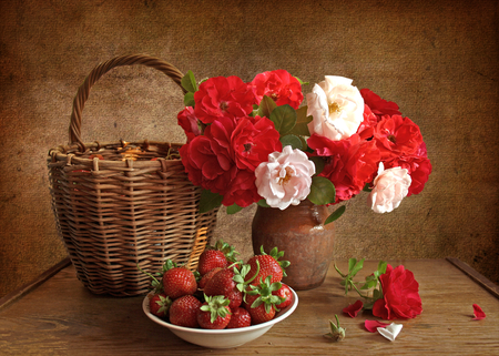 Still life - nice, beauty, strawberry, roses, photography, great, bouquet, basket, rose, still life, floral arrangement, amazing, pretty, cool, arrangement, petals, old, harmony, red flowes, lovely, fruit, vase, nature, abstract, strawberries, red, beautiful, colors, flowers, photo, flower