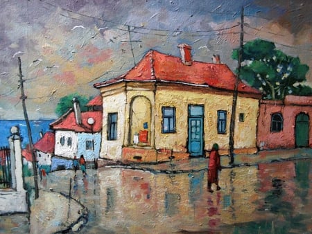 David Croitor. -- Balchik, rain time. - street, rain, david croitor, house, painting, art