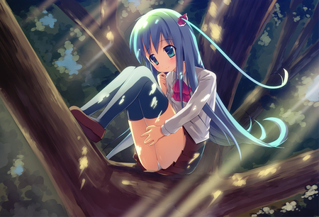 Anime - alone, long hair, tree, female, anime, girl