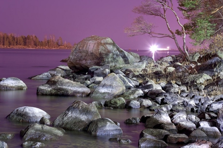 Lavender Glow - river, trees, sunset, lavender, beautiful, purple sky, rocks