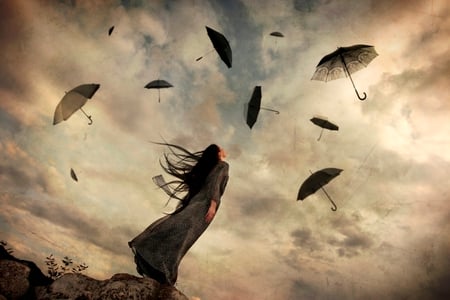 The wind - clouds, dress, beauty, imagination, hair, fantasy, wind, umbrella, lady, sun, sky