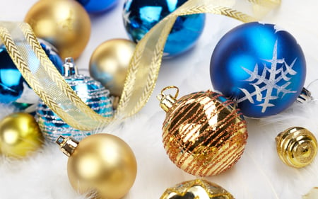 Christmas Balls - new year, beauty, xmas, magic, photography, blue balls, magic christmas, balls, pretty, christmas decorations, decorations, holiday, ribbon, golden, ball, lovely, christmas, gold, happy new year, christmas balls, merry christmas, golden balls, blue, beautiful, colors, decoration