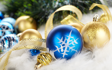 Christmas Balls - new year, beauty, xmas, magic, photography, blue balls, magic christmas, balls, pretty, christmas decorations, decorations, holiday, ribbon, golden, ball, lovely, christmas, gold, happy new year, christmas balls, merry christmas, golden balls, blue, beautiful, colors, decoration