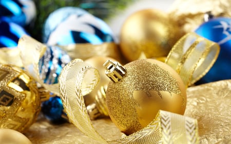 Merry Christmas - pretty, magic, blue, christmas balls, christmas decorations, golden balls, holiday, magic christmas, ribbon, decorations, merry christmas, golden, xmas, decoration, ball, happy new year, beautiful, balls, photography, beauty, gold, colors, lovely, blue balls, christmas, new year