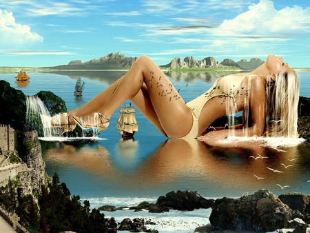 Blonde Fantasy - ships, waterfalls, heels, mountains, fantasy, larger than life, blonde, rocks