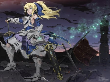 Saber - saber, fate zero, girl, anime girl, armor, fate stay night, kimura tatsuki, bow, blonde hair, jpeg artifacts, weapon, anime, sword