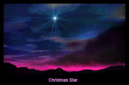 Christmas star - clouds, star, horizon, blue, night, darkness, pink, shining, rays, sky