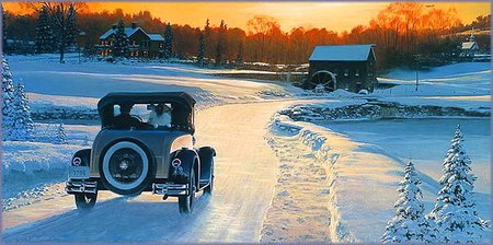 Days gone by - winter, farm house, evening, visit, road, snow, country, vintage car