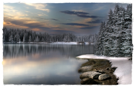 Winter day - snow, lake, winter, day