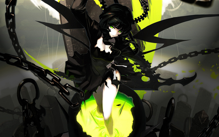 Dead Master - yellow eyes, scythe, sexy, hot, female, chain, anime girl, black hair, horns, cool, dead master, black rock shooter