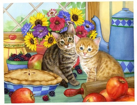 By Jane Maday - sunflowers, fluffy, room, colorful, jane maday, art, vivid, adorable, kitten, cake, beautiful, animal, sweet, friends, nice, sunflower, kitchen, kittens, kitties, painting, pretty, apple, cute, cat, fruits, sweeties, playing, lovely, pie, vase, cats, flowers, flower