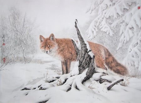 By Tang Jian - fox, art, snow, winter, animal, tang jian, drawing