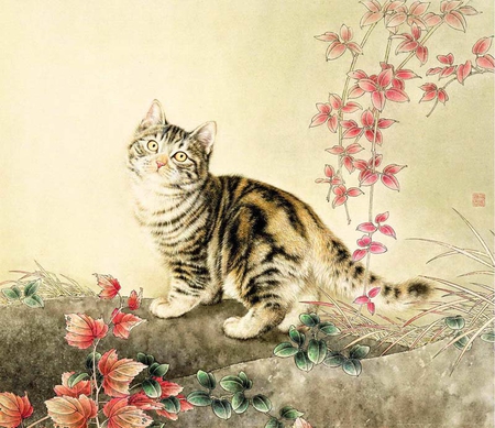 By Xing Cheng'ai - flower, xing chengai, animal, cat, feline, painting, art