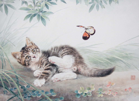 Kitten and butterfly - animal, cute, cat, drawing, art, pisica, pictura, butterfly, kitten, painting