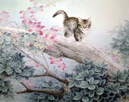 Cat in the garden - flower, animal, kitten, cat, tree, drawing