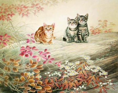 Kittens in the garden - garden, flower, animal, kitten, cat, drawing