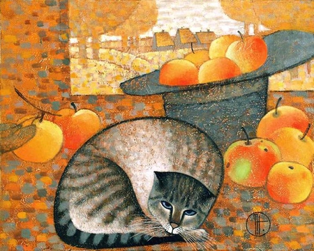 By Natalia Trubina - apple, animal, natalia trubina, kitten, cat, painting, art