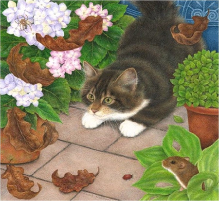 By Anne Mortimer - animal, anne mortimer, kitten, garden, painting, flower, art, cat