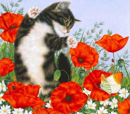 By Anne Mortimer - anne mortimer, flower, animal, kitten, cat, painting, art