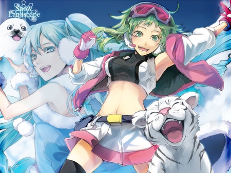 Snow Landscape - rahwia kim, megpoid, anime, miku, gumi, short hair, hatsune miku, rahwia, twintails, blue eyes, long hair, hatsune, blue hair, green eyes, vocaloid, tiger, green hair