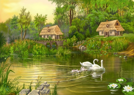 Paradise - painting, nature, cottage, duck, art, river, tree