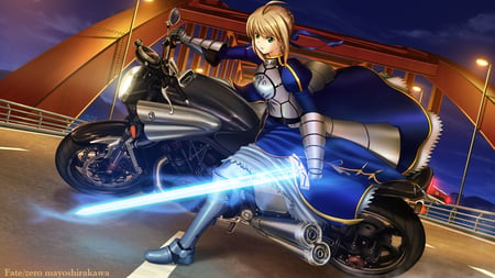 Saber - servant saber, saber, fate zero, girl, anime girl, armor, motorcycle, fate stay night, cool, weapon, anime, sword