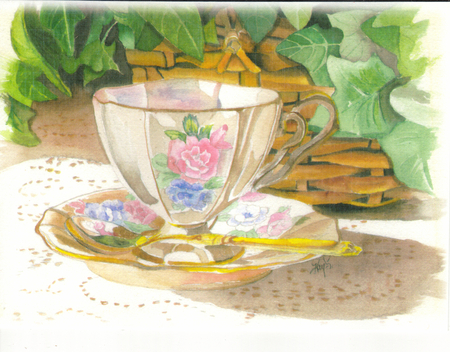 Tea Cup with Flowers - spoon, artwork, tea, flowers, cup