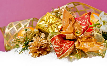 Christmas Decoration - pretty, magic, flowers, holiday, magic christmas, ribbon, decorations, merry christmas, golden, xmas, christmas gift, decoration, happy new year, beautiful, photography, christmas decoration, beauty, gold, colors, lovely, christmas, colorful, new year