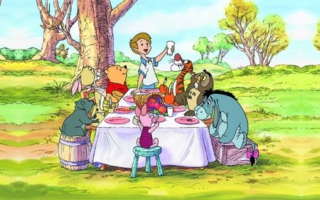 Thanksgiving with Pooh and Friends - thanks, thanksgiving, meal, art, rabbit, owl, dinner, feast, giving, cartoon, drawing, piglet, eyore, the, winnie, tigger, pooh