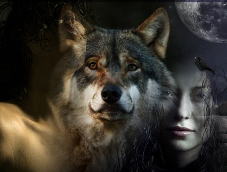 The Spirit Within - wolf, moon, ladies, crow, women, stunning, head