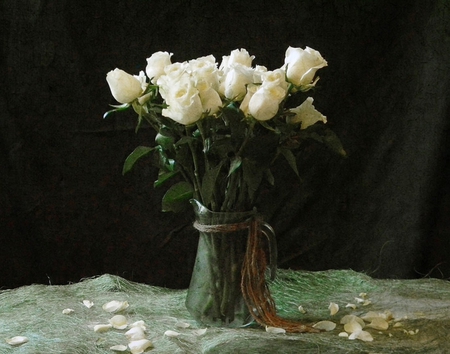 White roses - beauty, roses, bouquet, still life, vase, white roses, petals, beautiful, flower