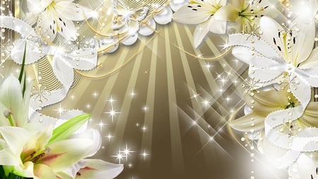 Lilies and Gold - bows, lilies, stars, shine, gold, butterfly, silver, lily, ribbon, sparkles, firefox persona