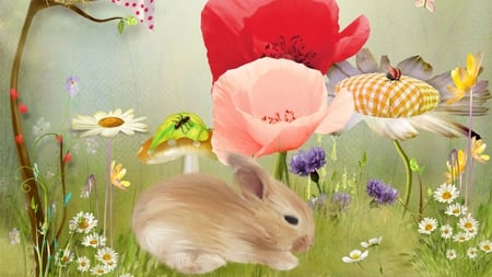 Summer Bunny - llady bug, rabbit, poppies, summer, whimsical, spring, grass, bunny, flowers, bees, daisies, ant, cute, field