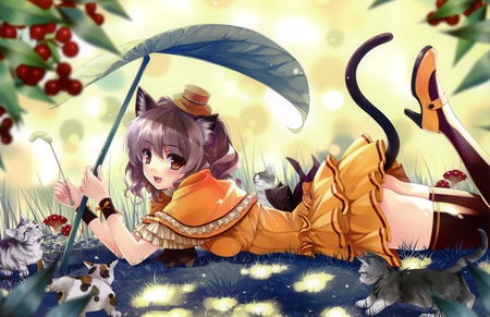 Neko Girl - pretty, cute, heels, anime, drawing, girl, dress, eyes, art, hat, stockings, skirt, leaf, painting