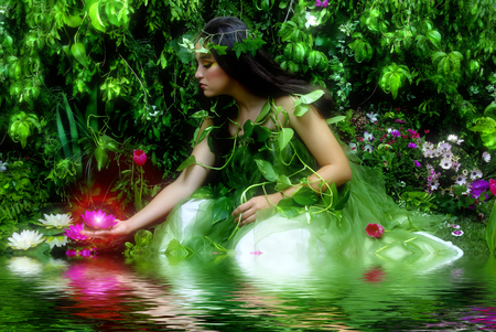 HER SECRET - woman, green, flowers, pond