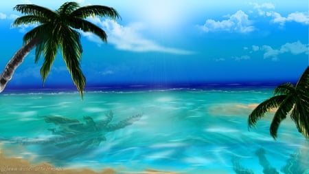 Beach n Palms - water, beach, palms, blue, sand, sky, relaxing, clouds, nature