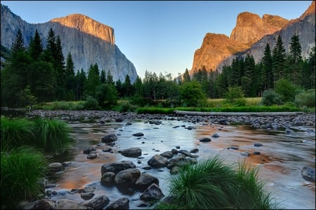 Yosemite - trees, water, rich green, blue sky, mountains, rocks, yosemite park