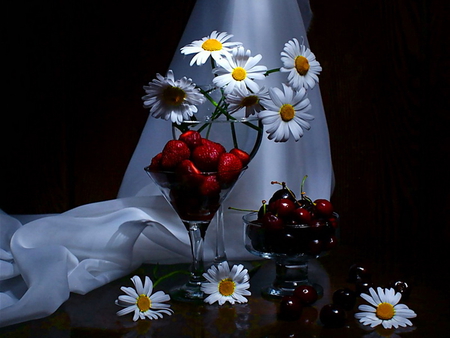 Still life - nice, harmonyflowers, lovely, still life, fruit, strawberries, pretty, beautiful, daisies