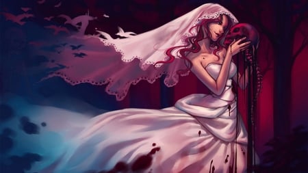 Bloody Wedding - blood, abstract, bride, white, weddind dress, wedding, 3d, skull