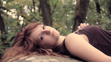 Beautiful face - trees, beautiful, rock, girl, auburn, lovely, closeup, hair, lady, face